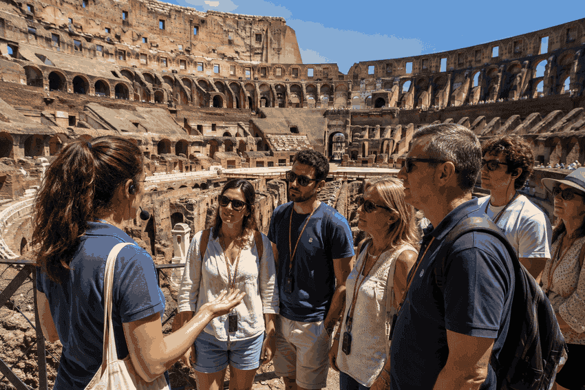 Guided Colosseum tour in Rome with a tour guide explaining the ancient arena to a small group of visitors.