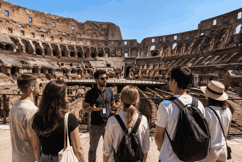 Guided Colosseum Arena Floor tour in Rome with visitors overlooking the ancient arena and underground ruins.