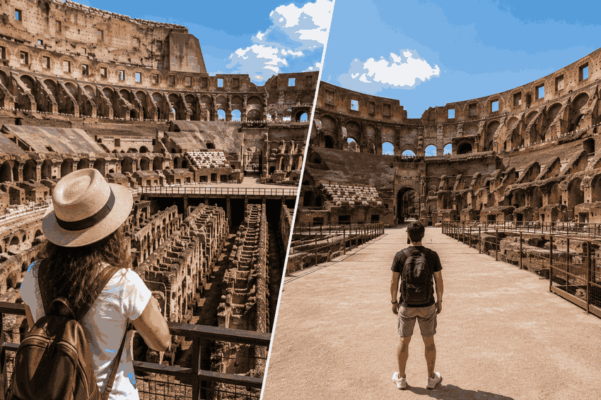 Colosseum Arena Floor access compared with standard entry, showing views from the Arena Floor and upper visitor levels in Rome.