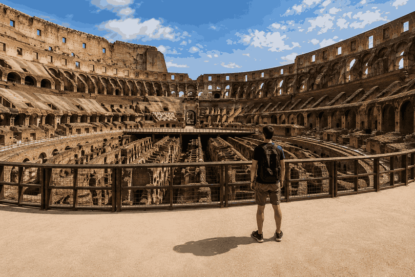 Colosseum Arena Floor in Rome with a visitor overlooking the exposed underground hypogeum and ancient amphitheatre.