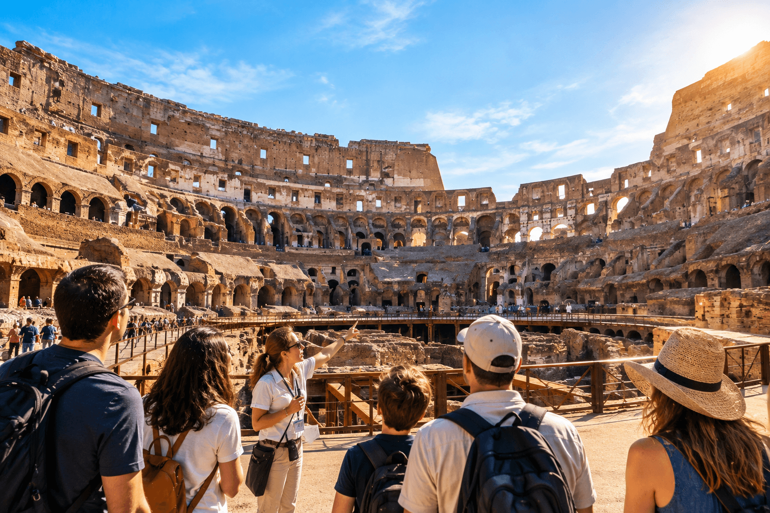 Visitors exploring the Colosseum Arena Floor in Rome with views of the ancient amphitheatre and exposed underground structures.