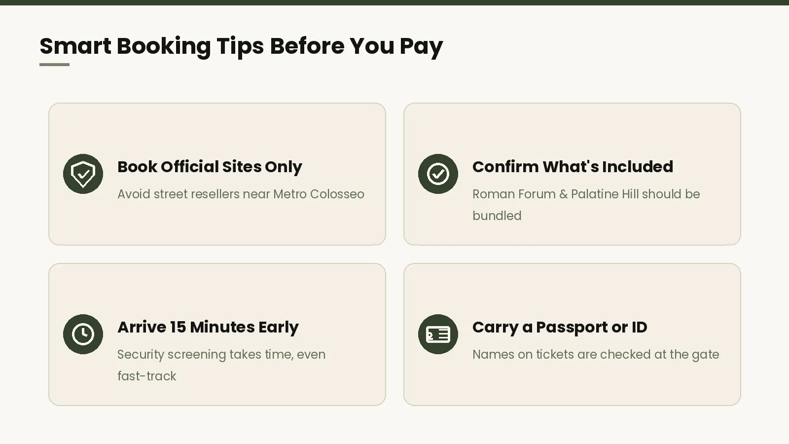 Infographic with booking tips for Colosseum Arena Tickets: book official sites, confirm inclusions, arrive early, and carry ID