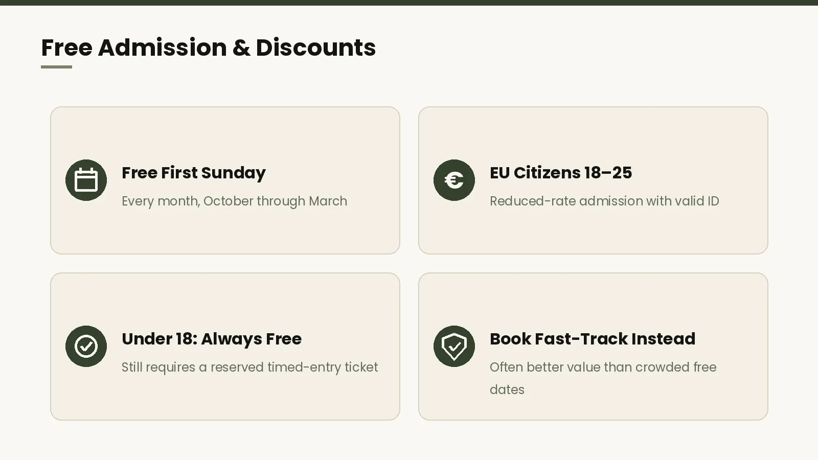Infographic showing free admission and discount options for Colosseum Arena Tickets, including free first Sunday and reduced rates for EU citizens