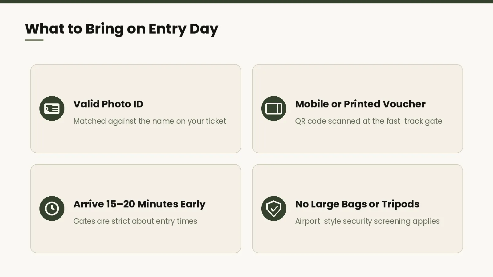 Checklist of what to bring when using Colosseum Arena Tickets: photo ID, voucher, arrive early, no large bags